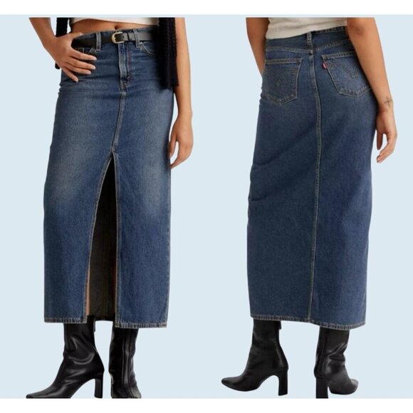 LEVI'S Dark Wash Ankle Column Skirt Front Slit Mid Rise Size 25 NEW NWT - Picture 1 of 8